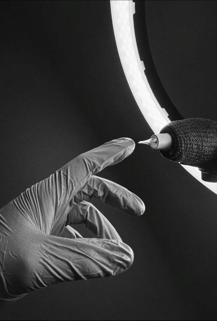 A gloved hand reaching toward a tattoo machine against a ring light, photographed in monochrome